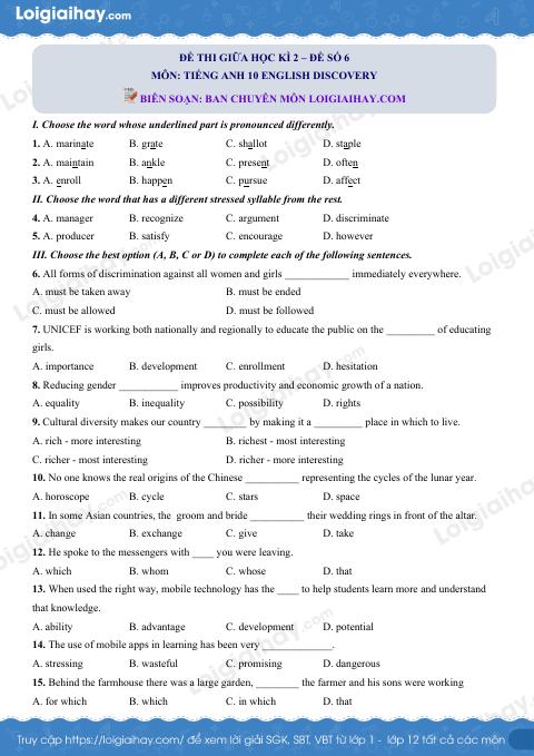 Đề thi giữa kì 2 Tiếng Anh 10 English Discovery - Đề số 6